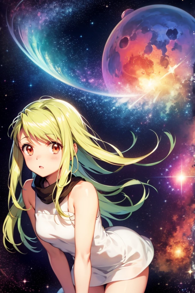 (Winry) (Cute face) (Nice body) (Highly detailed features) (Highest quality) (cosmos space background) (godly aura) (red and blue)