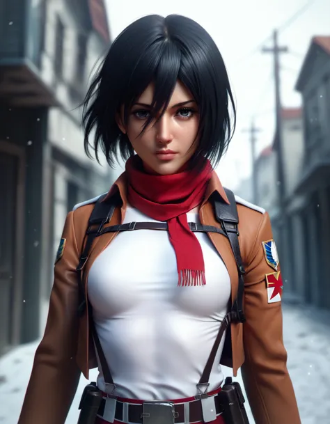 score_9, score_8_up, score_7_up, 1girl, solo, small breasts, looking at viewer, short hair, shirt, black hair, black eyes, long sleeves, hair between eyes, closed mouth, jacket, white shirt, upper body, weapon, open clothes, belt, scarf, blurry, uniform, open jacket, lips, blurry background, red scarf, emblem, paradis military uniform, three-dimensional maneuver gear, survey corps (emblem), mikasa ackerman