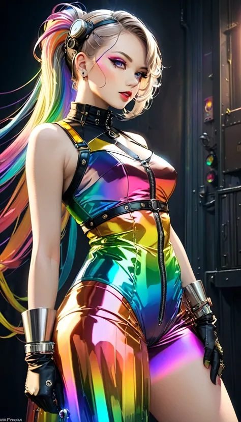 (cyber punk, clockpunk, dieselpunk, steampunk), pearl、platinum、beautiful woman in full rainbow crystal outfit, background divers...