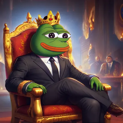 pepe the frog, sitting in king chair in black suit face and body in front view cartoon illustration