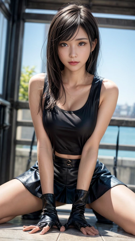 ((Wavy Long Hair))、Very smiling、(Tifa from Final Fantasy)、Has bangs、(masterpiece、highest quality、in 8K、32K、masterpiece、NFSW、Super huge 、Ultra-high resolution、impressionism、Photorealistic:1.2)、Sharp focus、Beautiful face with detailed background of face and eyelids、blue sky、Shiny skin、Sharp pupils、Realistic eyes and beautiful face、Blurred Background、1 beautiful girl、Shiny skin、(((beautiful Black Hair)))、black eye、(((White tank top)))、(Black tight skirt)、suspenders、Black leather gloves、(Knee-length skirt)、Thighs Thighs Thighs、curve、Dynamic pose、Powerful composition、((Melancholic expression))、((A look of contempt))、((Glaring at the viewer))、sweating、((Black Hair))、no panties、(Small Mouth)、no pantie,train,sit,Peeing,Pee、Leg spread,(no under hair),Low - Angle、Spreading pussy、Pussy in full view、Open up、Masturbation、Climax、Sweaty,Water flows from the pussy、Show your chest