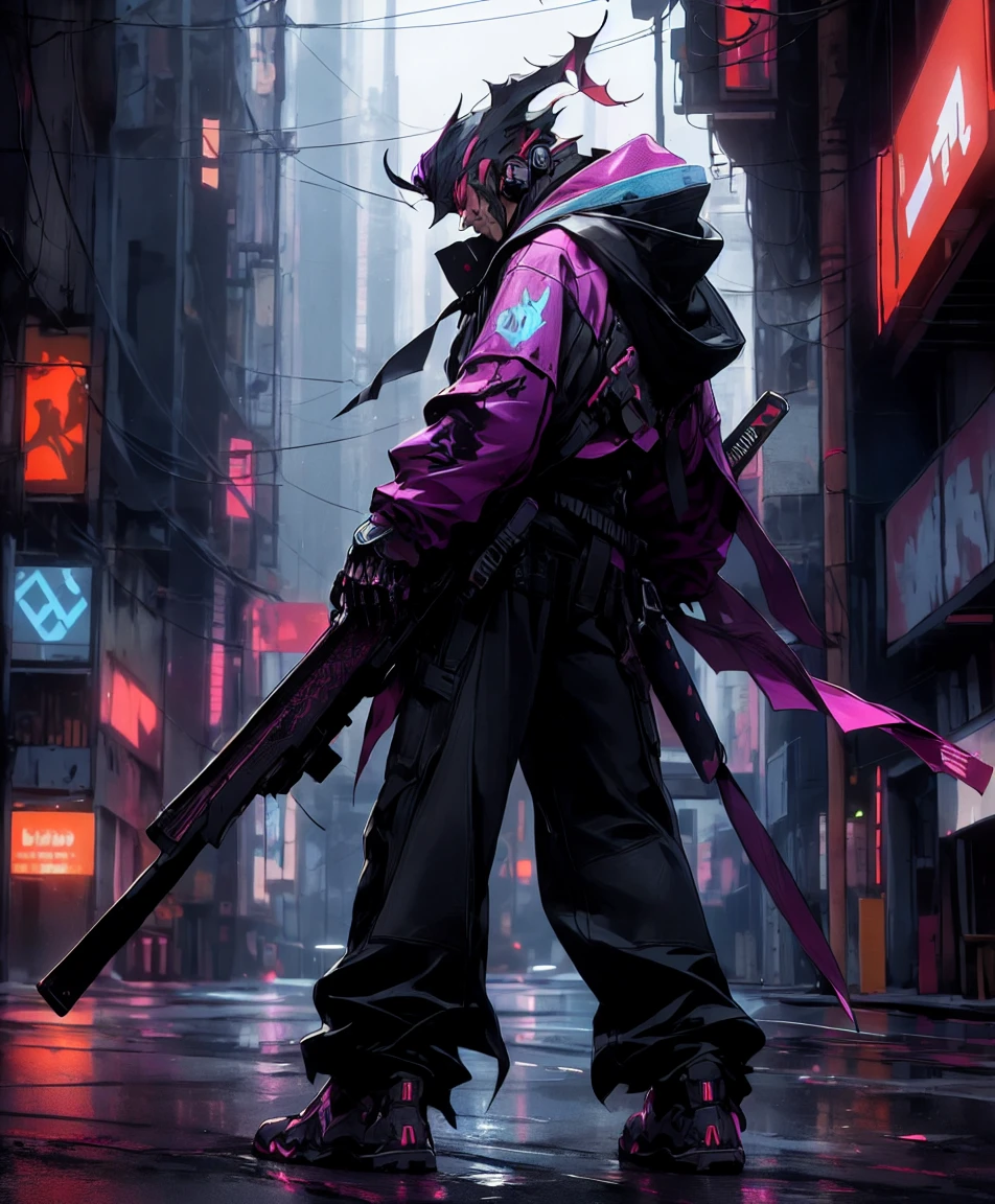 man in a colored jacket and black pants standing in a dark room, wearing a cultist colored robe, colored clothes, a character from mortal combat, like a character in Tekken, a fighting game character, a cyberpunk assassin, a colored magician with a hood, cyberpunk outfits, colored clothes , colored ninja, in killer leather armor, edgy teenage killer, cool colored jacket, street bandit in cyberpunk style, on the background, on the background of a heart, heart cut by a katana, heart, from behind