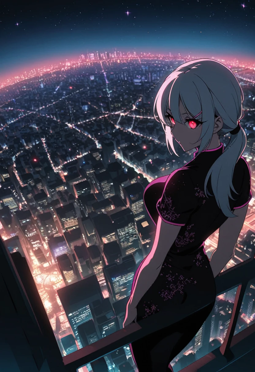 anime, (artwork, best quality, ultra-detailed, high contrast), 1 woman brasilian (Alone, full body, plus size body, standing on the edge of the skyscraper, silver hair, LONG In a ponytail, red eyes, perfect eyes ruby sparkles, (simple black qipao, black cybernetics with neon pink), transparent black socks), (skyscraper roof, overlooking a city, detailed background ((night time, Darkness, low light pollution)))