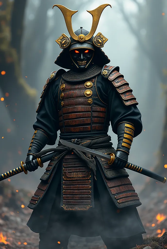 Create a samurai man, with an oni mask on his face, that he has a complete plate armor that combines black and gold colors.
Let him have 2 katanas, one in each hand, and they have a gray aura on their edge. Create a gray aura around the body of this fantasy-style samurai that has red eyes.. 