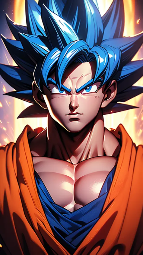 goku from dragon ball super in super saiyan blue , with perfect muscle , topless, , no shirt , clean 3 d render, octane render, ...