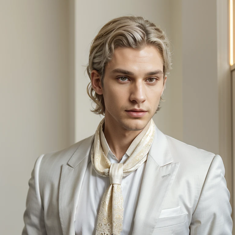 Portrait of a man. waist-length portrait. A man with porcelain perfect skin, with shoulder-length white curly hair and almond-shaped yellow eyes. thin lips. On the left ear is a silver cuff in the shape of a wing. Wears a white suit with a lace scarf. Psychopathic nature. strong build.