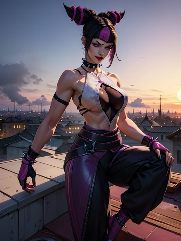 { - anatomy error} (Masterpiece - Ultra-detailed, very high resolution)JJuri , black hair,two-tone hair, hair horns, purple right eye, purple left eye, detailed eyes, bangs, multicolored hair,streaked hair, makeup, lipstick, (ninja clothing), fingerless gloves,multiple belts, collar, spiked bracelet, aqua nails, chaps, baggy pants,toeless legwear, (big jump to the rooftop:1.3), upper body, evil smile, night club, (insanely detailed, beautiful detailed face,beautiful detailed eyes, masterpiece, best quality) , solo,,Masterpiece, Best Quality, (Japanese castle), looking a viewer, thigh strap, Paint on the body, fiery hair color, magenta eyes, juri han ,rosto yandere,brava. dynamic pose, thick fog, moonlight, 
