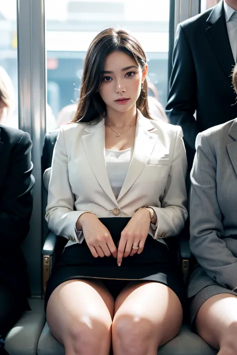 a beautiful business woman sitting in a crowded train, knees together, wearing a skirt, wearing a business jacket, detailed whit...