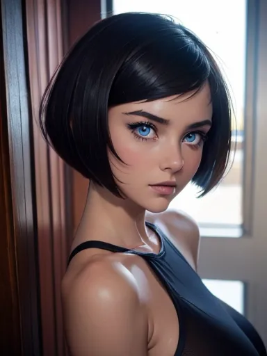 a cute girl, blue eyes, beauty perfect, bobcut, ,hevy big breasts ,looking at viewer, bad ass