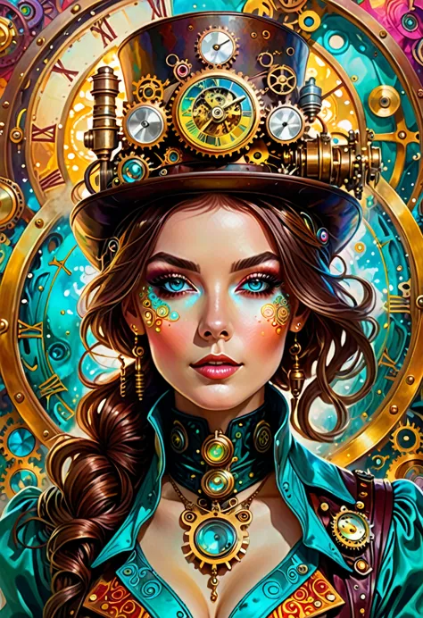 a stunning portrait of a woman dressed in steampunk attire, surrounded by vibrant hues and swirling psychedelic patterns. her fa...