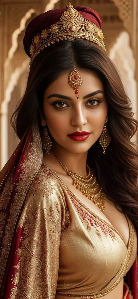 hot arabic mature queen,her hair is long, dark, and lustrous, partially visible beneath the elegantly draped dupatta that adorns...