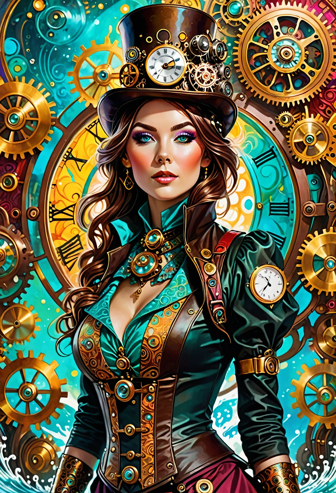 A stunning portrait of a woman dressed in steampunk attire, surrounded by vibrant hues and swirling psychedelic patterns. Her face is adorned with intricate clockwork mechanisms, as she gazes directly at the viewer with a hint of mischief. The background bursts forth with kaleidoscopic water explosions, featuring shades of turquoise, crimson, and golden yellow, blending seamlessly with her outfit's metallic accents.