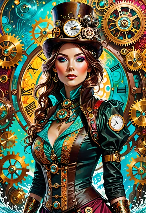 a stunning portrait of a woman dressed in steampunk attire, surrounded by vibrant hues and swirling psychedelic patterns. her fa...