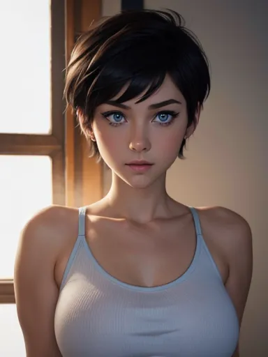 a cute girl, blue eyes, beauty perfect,short cut hair ,hevy big breasts ,looking at viewer, bad ass