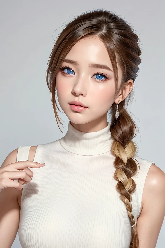 ((Highest quality)), ((masterpiece)), (High-definition photos), (upper ponytail, french braid), (Blonde), (bangs),  (beautiful girl:1.3), False eyelashes, (earrings), white sleeveless turtleneck dress with a ribbed texture and a bodycon fit, (white skin), head tilt, (Blushed:1.3), (face close up:1.1), from side, (finger to mouth:1.3), Shiny skin、wetty lips, Thin eyebrows、(Blue eyes:1.1)
