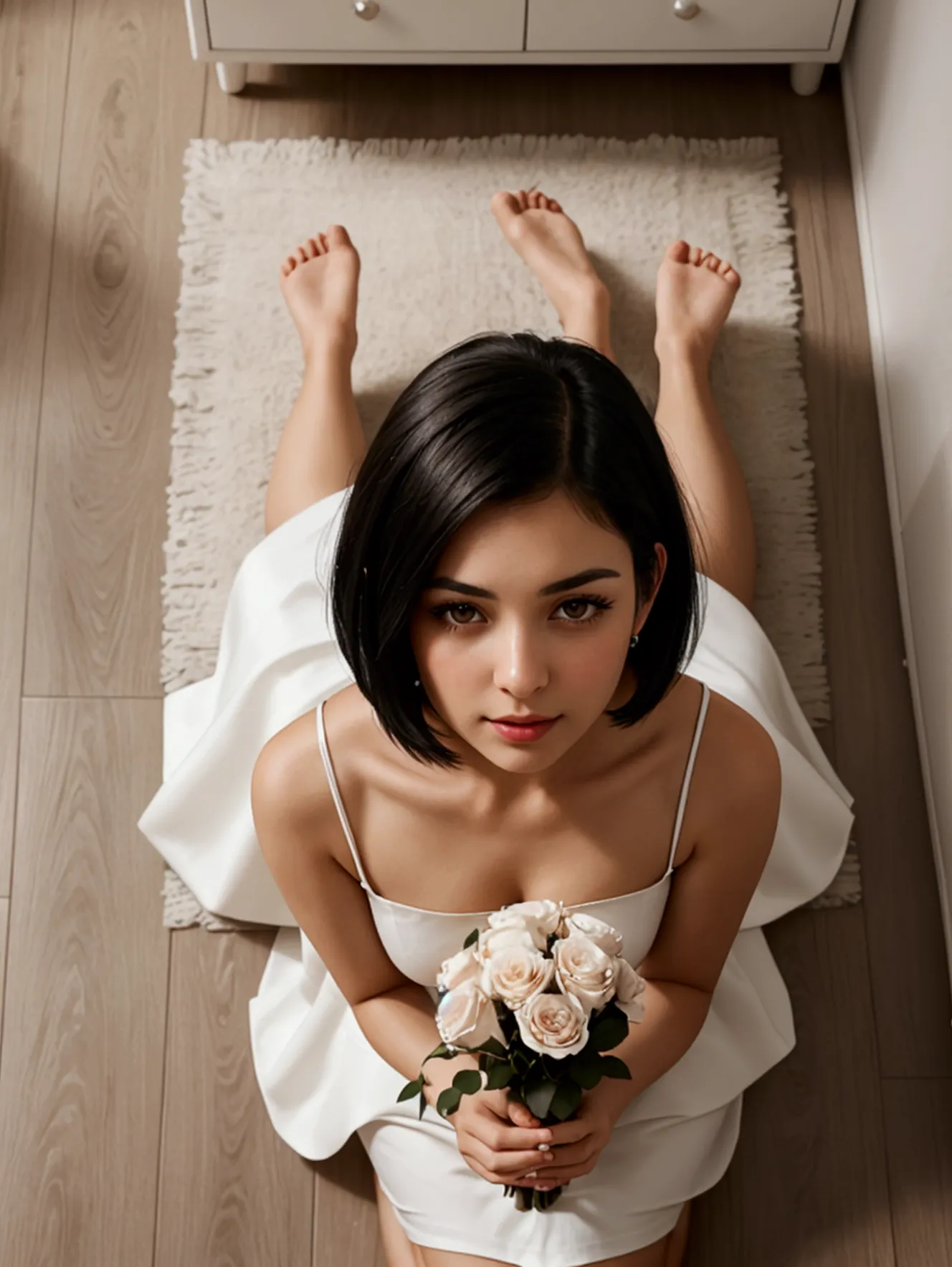 top view of a woman with short straight black hair and dark brown eyes is wearing a simple white dress. she is kneeling on the f...