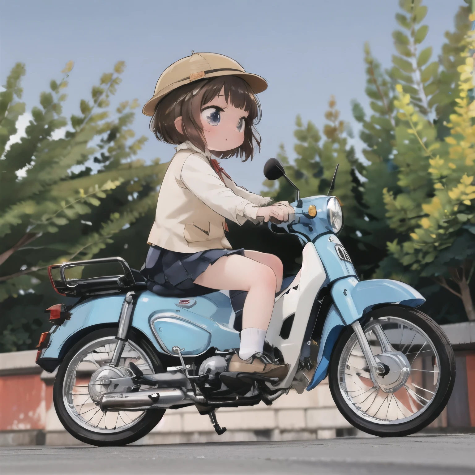 (masterpiece, high quality, 最high quality:1.2)，16K、reality，alone，Cute young girl，彼は緑色の椅子にfeetを広げて座っている, A modified old Honda Super Cub.，Down Straight Muffler，middle School girls，uniform，feet，ステップにfeet，sneakers:1.3，Fluttering skirt，Riverside at dusk，whirlwind，Panchi et al.....，Watercolor style，Removing the Stand:1.3，From the back，