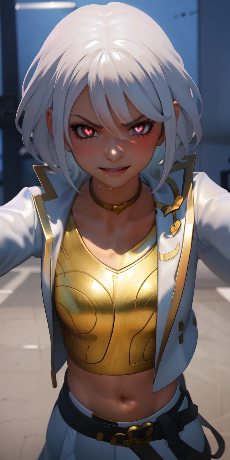 1girl, heart-shaped pupils, heart-shaped_pupils, white hair, short hair, brown eyes, eyeshadow, (blush:1.1),upper body,heart, (speed lines:1.1),medium breasts, love, heart, white jacket, jacket crop top, navel, gold crop top, Drooling, smile, angry, 1girl, solo, kabedon pov, looking at viewer