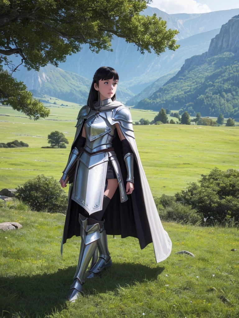 (masterpiece, top quality, best quality, official art, beautiful and aesthetic:1.2), (1 girl:1.3), ((black hair fringe)), light freckles, very white fair skin, extremely detailed, portrait, looking at viewer, alone, (full body:0.6), detailed background, close-up, (warm grassland theme:1.1), knight with fringe, chatterbox, smirk, mysterious, swinging in the mountains, skimpy attire, ornate white armor, shoulder pads, greaves, armored, long boots, long sword, cape, cloak, white cloth, pale leather, ((((teenage girl slim conflexion)))), slim waist, slim hips, long legs, medieval outdoor background (mountain):1.1), dark and mysterious lighting, shadows, magical atmosphere, Dutch angle, (((( girl, young woman, beautiful teenager, very beautiful))))