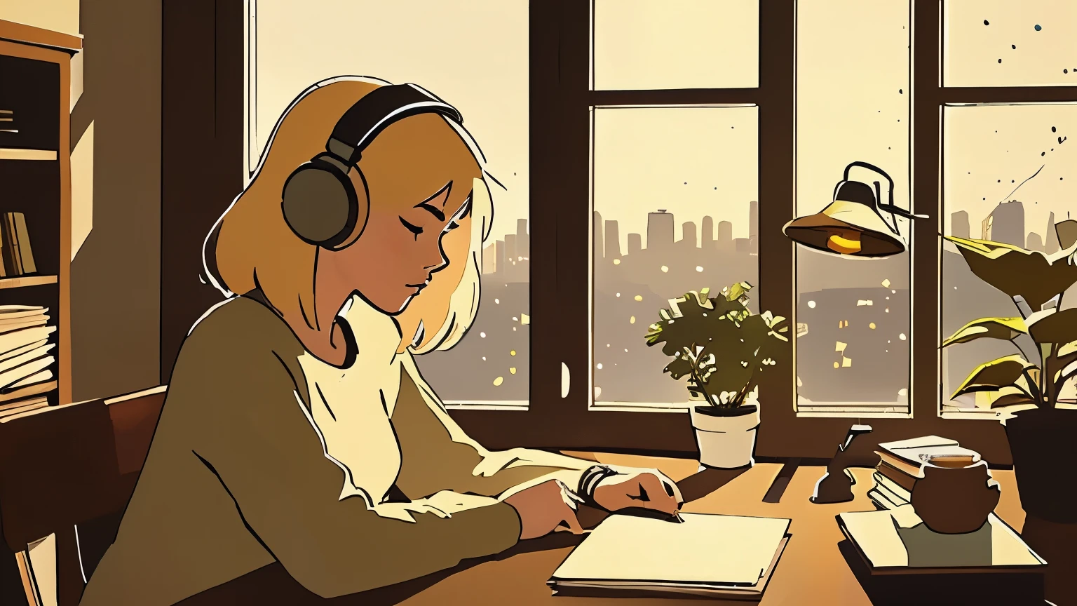 Create a digital illustration of a young woman studying in a cozy room. She has shoulder-length blonde hair, wears headphones, and is focused on writing in a notebook. The room is warmly lit, with soft, ambient light coming from a desk lamp. The background shows a window with a cityscape view, and outside, it's nighttime with stars visible in the sky. The room is filled with small details like books, plants, and a cup of coffee on the desk, creating a peaceful and calming atmosphere. The style is simple and clean, with a relaxing and chill vibe, perfect for a lo-fi aesthetic