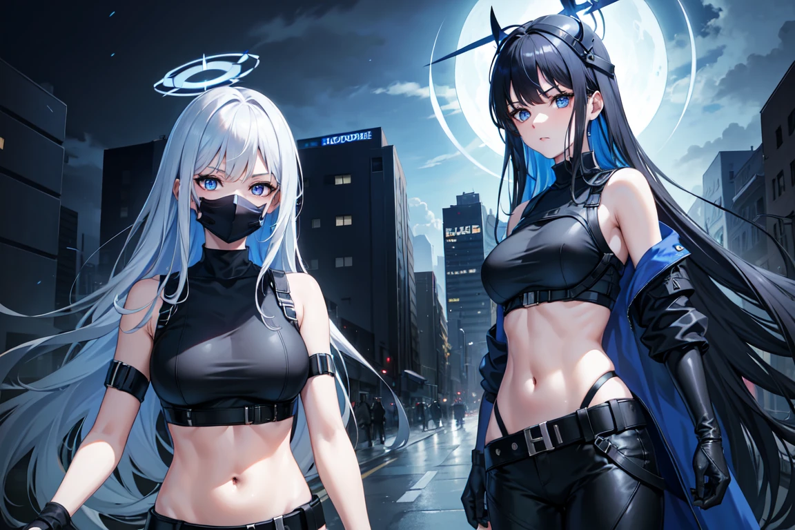 saori joumae, blue eyes, blue hair, halo, long hair, mask, mouth mask, bare arms, bare shoulders, belt, black headwear, black pants, black shirt, blue gloves, crop top, gloves, leggings, midriff, navel, pants, shirt, sleeveless, sleeveless shirt