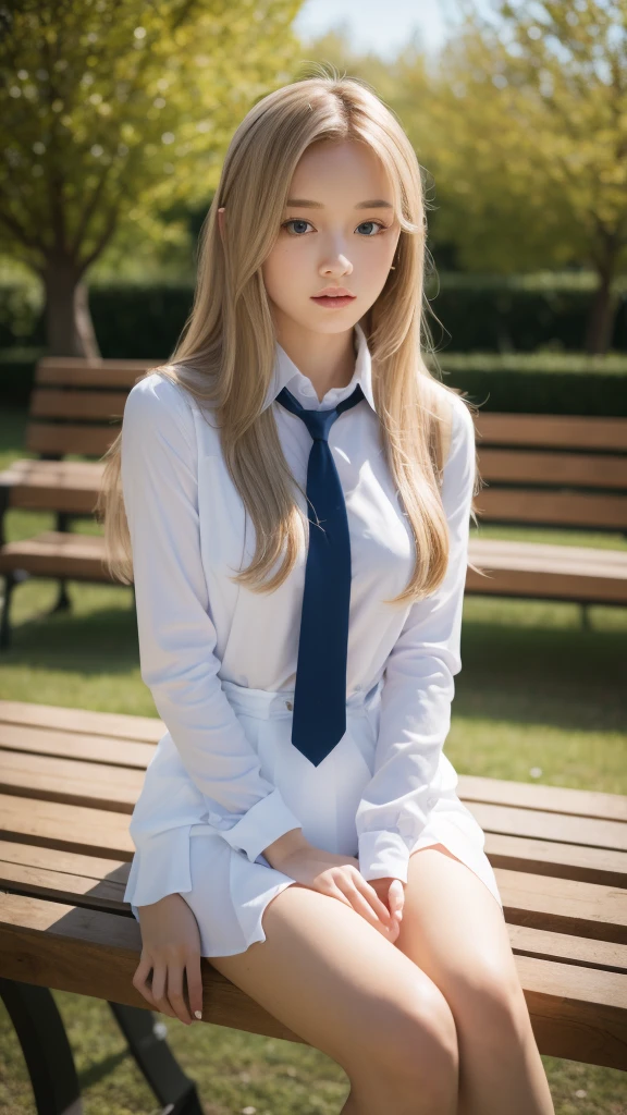 1 girl, solo, a high resolution, long hair, Breasts, looks at the viewer, masterpiece, In detail, Ultra-high clarity, blonde hair, ,wide angle lens, 3D rendering,  young girl posing sitting on a bench in a park. Dressed in a school uniform that hugs her slender body, a couple of buttons are open on the chest ,  European appearance