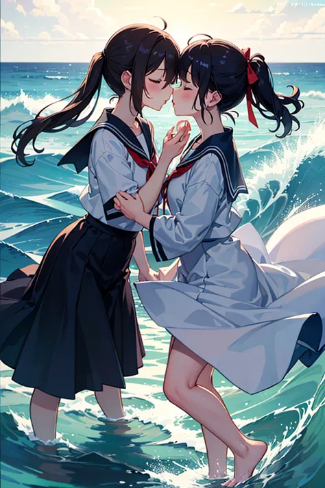 2 girls, 傘もささずにheavy rainの中抱き合う二人, kissing, kiss each other, close your eyes, ocean, wavy, big wave, heavy rain, soaked, sailor ...