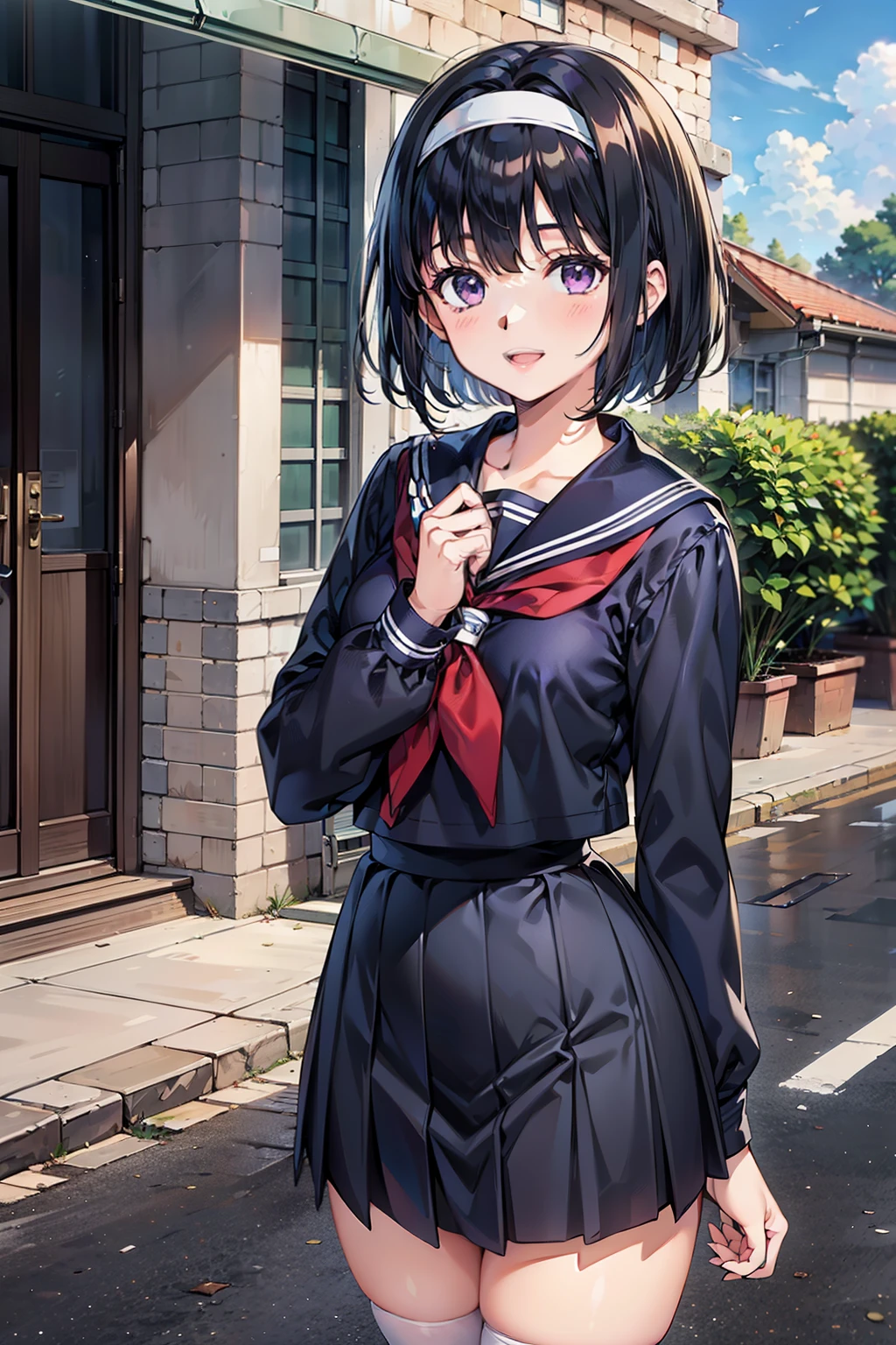 body 8 times longer than head, (Highly detailed CG unity 8k), (highest quality)，(very detailed)，(ultra high resolution), black hair, High school girl wearing a navy sailor suit, Anime 2D rendering, realistic young anime high school girl, ((White headband)), smile, purple eyes, small breasts, tall, slanted eyes, (school scenery), black stockings, bright color, open your mouth a little, Dark blue skirt, bob cut, 黒いガーターベルト, 