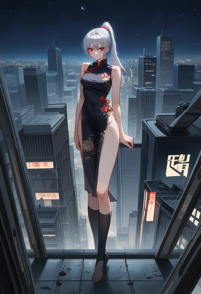 anime, (artwork, best quality, ultra-detailed, high contrast), 1 woman brasilian (Alone, full body, plus size body, standing on the edge of the skyscraper, silver hair, LONG In a ponytail, red eyes, perfect eyes ruby sparkles, (simple black qipao, black cybernetics with neon pink), transparent black socks), (skyscraper roof, overlooking a city, detailed background ((night time, Darkness, low light pollution)))