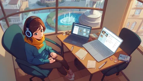 score_9,  score_8_above, score_7_above, fountain_cheered up, 1 girl, lfg, sweater, scarf, pants, headphones,
chair, session, cau...