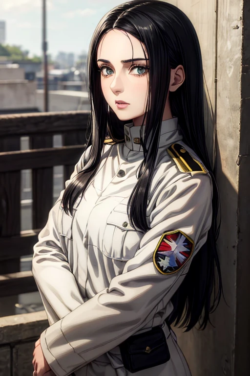 1 woman aged 35, long black hair, greeneyes, neutral expression, White military uniform, marley, liberia, Masterpiece artwork, best qualityer, retina, super detaill, 