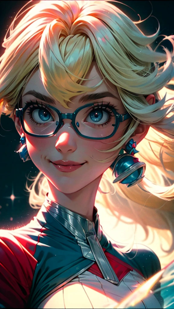 1girl, bangs, body, girl, blonde hair, cleavage, mouth, flat chest, ass facing the viewer, back to screen, smile, tight, micro shorts 1.4, Ultra HD |, 4k image, glasses, character near the camera