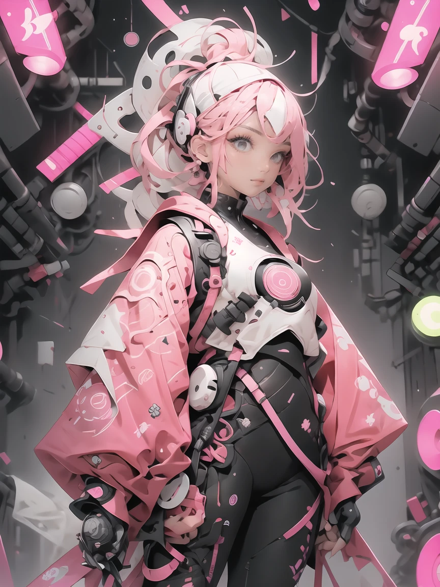 1punkrock girl with pink and white harajuku inspired techwear clothes, circles neon in background