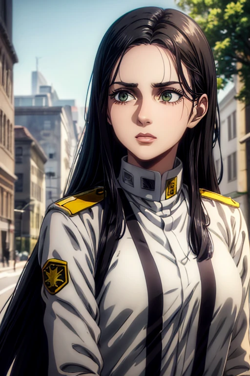 1 woman aged 35, long black hair, greeneyes, neutral expression, White military uniform, marley, liberia, Masterpiece artwork, best qualityer, retina, super detaill, 