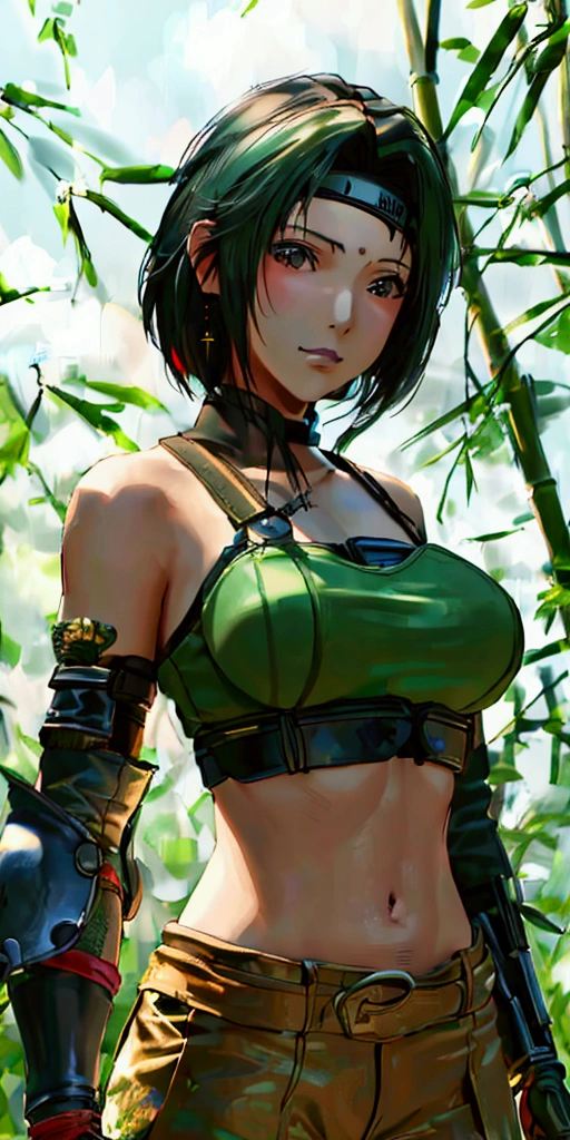 (((masterpiece))),((Highest quality、masterpiece、anime style、best quality、high resolution、8k、detailed、ultra-detailed:1.3)),(((Beautiful one woman:1.3))),((yuffie kisaragi,Black Hair、Shortcuts:1.3)), headband, green crop top, shoulder armor, armguard, fingerless gloves, tan shorts, single thighhigh, fishnets, upper body, looking at viewer, furrowed brow, smug smile, closed mouth, grass, bamboo, sky,sexy pose,(((outdoor))),Daytime