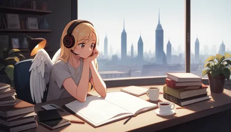 create a digital illustration of a young woman studying in a cozy room. she has shoulder-length blonde hair, wears headphones, a...