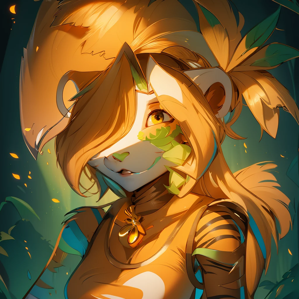 envision a 8k, highres, cinematic, beautiful full body Pinup of a cute sexy furry female anthro, with a slender petite body, (((short blonde hair))), long bangs, yellow eyes, Orange and White Fur, Tiger Stripes, Green Jacket, ((((! Girl)))), ((Flora Twokinds)), in dark lighting, against a dark gray background