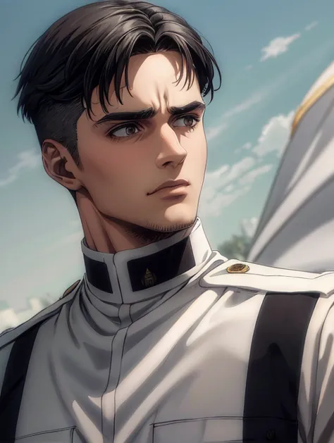 1 man, military hair black, gray eyes, white military uniform, quartel general, high resolution, masterpiece artwork, super deta...