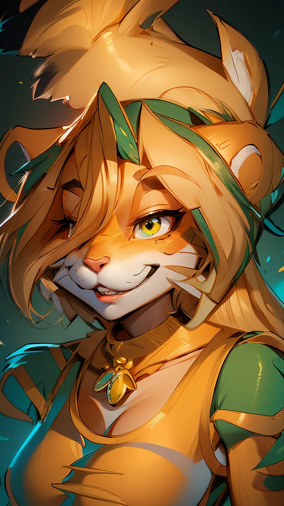 envision a 8k, highres, cinematic, beautiful full body Pinup of a cute sexy furry female anthro, with a slender petite body, (((short blonde hair))), long bangs, yellow eyes, Orange and White Fur, Tiger Stripes, Green Jacket, ((((! Girl)))), ((Flora Twokinds)), in dark lighting, against a dark gray background