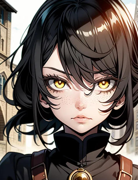 fantasy character. adult woman, with black hair and yellow eyes. fair skin with freckles on nose and cheeks. a frightening look ...