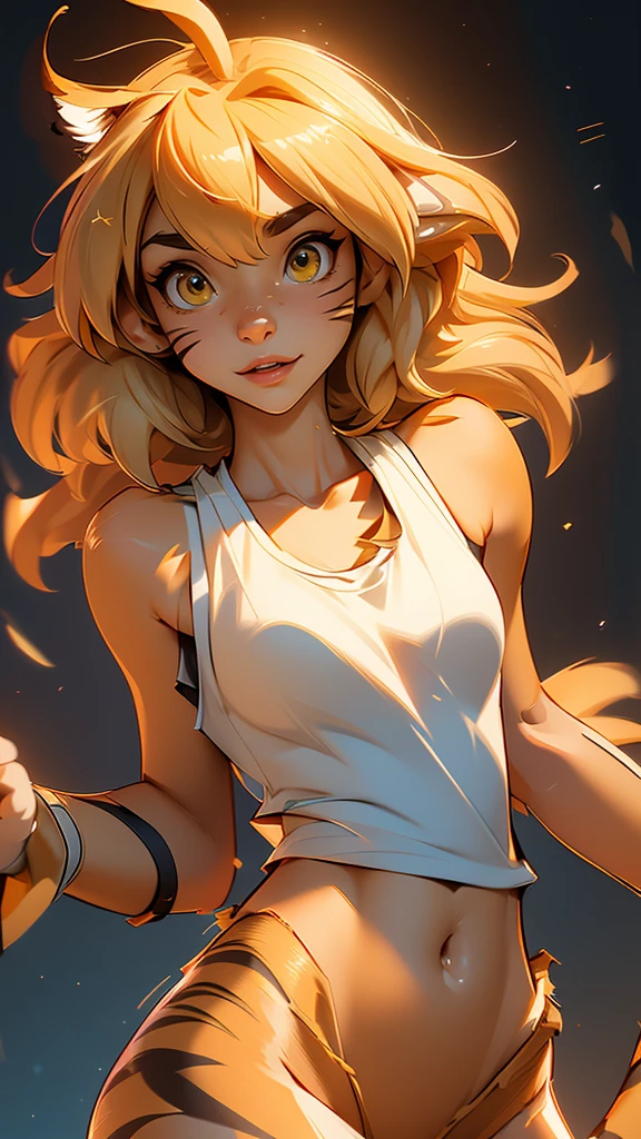 envision a 8k, highres, cinematic, beautiful Close Up Face Pinup of a cute sexy furry female anthro, with a slender petite body, (((short blonde hair))), long bangs, yellow eyes, Orange and White Fur, Tiger Stripes, (((Tank Top))), ((((! Girl)))), ((Flora Twokinds)), in dark lighting, against a dark gray background