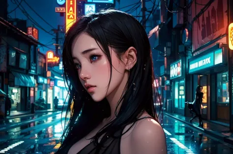 1 girl, black  dress, best illustrations, blue led light, high tech, ultra-high resolution, 32k, (detailed:1.4), cyberpunk city ...