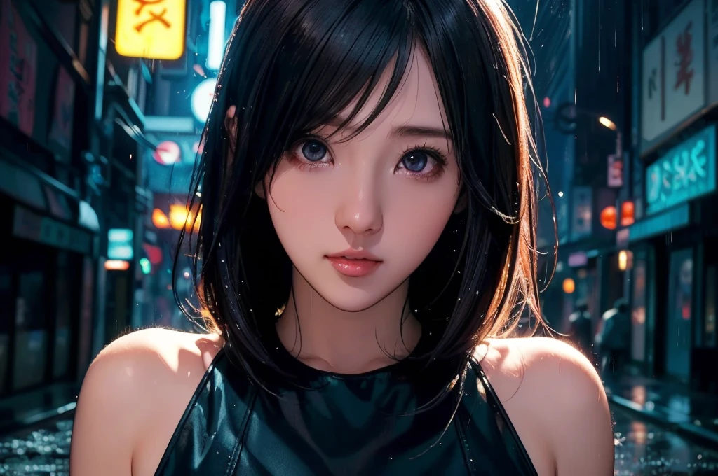 1 girl, black  dress, Best Illustrations, Blue LED light, high tech, Ultra-high resolution, 32K, (detailed:1.4), Cyberpunk City Background, Rainy Street, Beautiful Face, Professional Lighting, masterpiece, Very delicate and beautiful, Professional photos, (((upper body shot))),