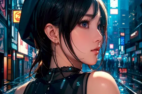 1 girl, black  dress, best illustrations, blue led light, high tech, ultra-high resolution, 32k, (detailed:1.4), cyberpunk city ...