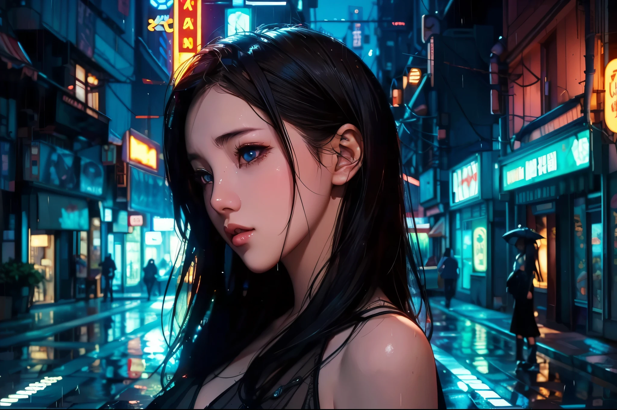 1 girl, black  dress, Best Illustrations, Blue LED light, high tech, Ultra-high resolution, 32K, (detailed:1.4), Cyberpunk City Background, Rainy Street, Beautiful Face, Professional Lighting, masterpiece, Very delicate and beautiful, Professional photos, (((cowboy shot))),