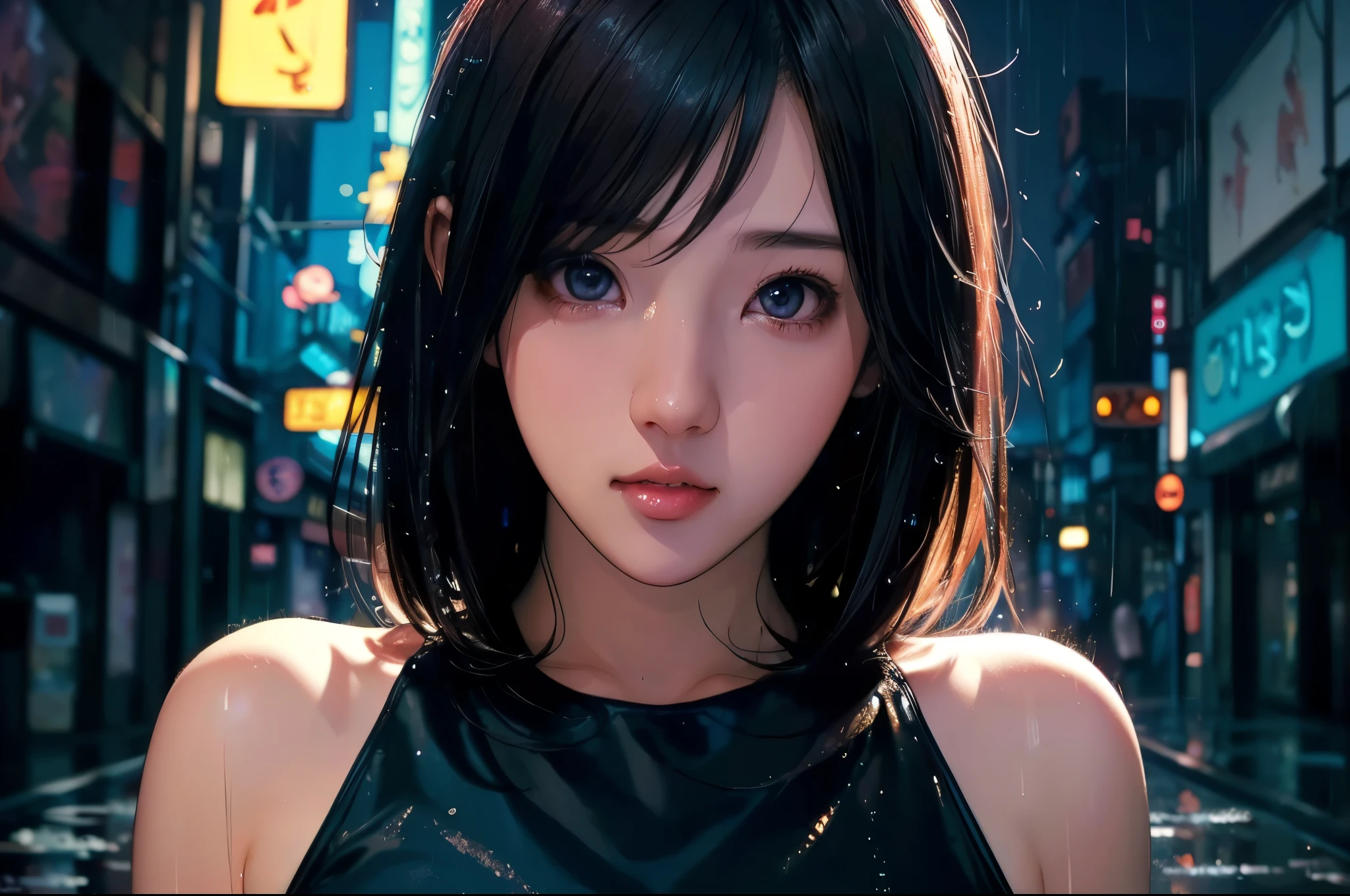 1 girl, black  dress, Best Illustrations, Blue LED light, high tech, Ultra-high resolution, 32K, (detailed:1.4), Cyberpunk City Background, Rainy Street, Beautiful Face, Professional Lighting, masterpiece, Very delicate and beautiful, Professional photos, (((upper body shot))),