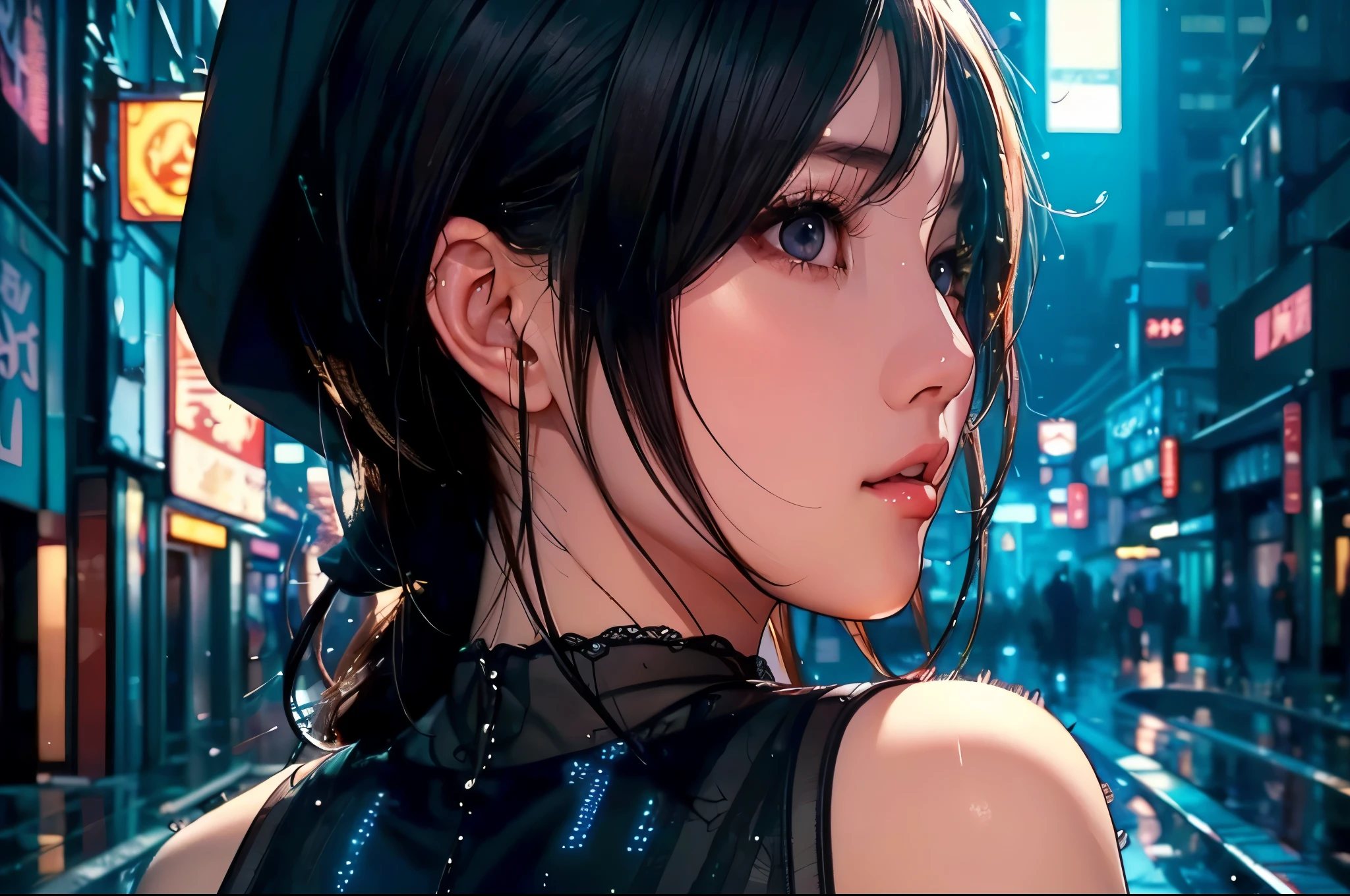 1 girl, black  dress, Best Illustrations, Blue LED light, high tech, Ultra-high resolution, 32K, (detailed:1.4), Cyberpunk City Background, Rainy Street, Beautiful Face, Professional Lighting, masterpiece, Very delicate and beautiful, Professional photos, (((upper body shot))),