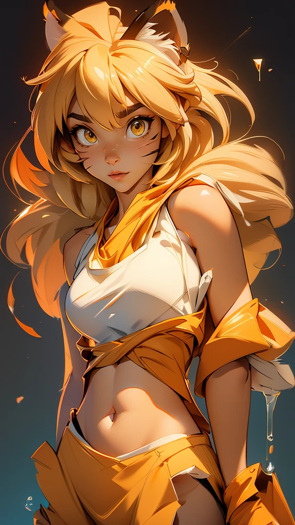 envision a 8k, highres, cinematic, beautiful Close Up Face Pinup of a cute sexy furry female anthro, with a slender petite body, (((short blonde hair))), long bangs, yellow eyes, Orange and White Fur, Tiger Stripes, (((Tank Top))), ((((! Girl)))), ((Flora Twokinds)), in dark lighting, against a dark gray background