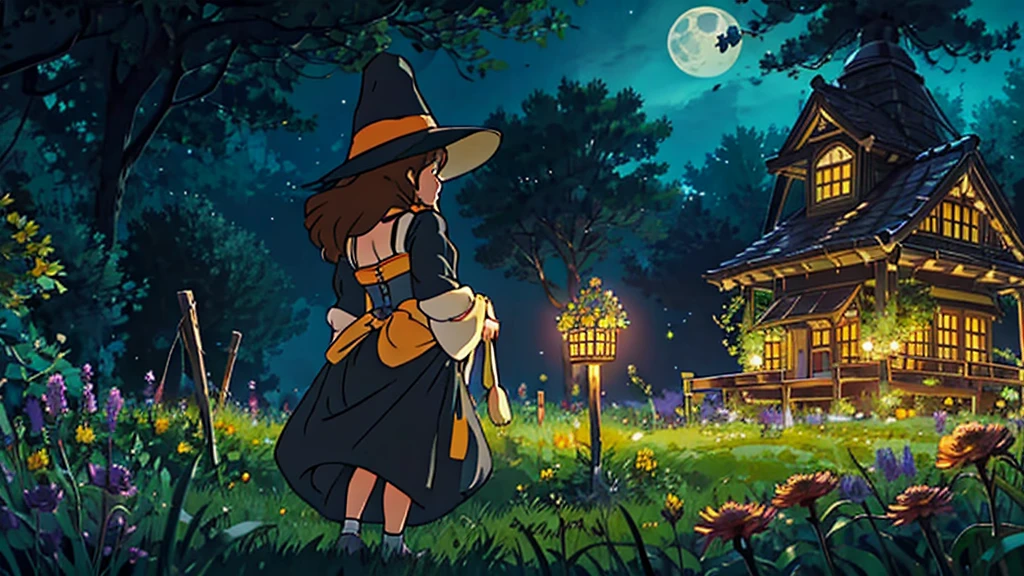 an apiary under a night sky, with a large, glowing full moon in the background. The apiary features several wooden beehives, slightly weathered, arranged neatly on the ground among tall grasses and a few night-blooming flowers. A witch is tending to the hives, holding a bee smoker that emits a faint trail of smoke. She is dressed in a corset and a tattered skirt, with the fabric gently flowing in the night breeze. Under her large-brimmed witch's hat, her long, wild hair cascades down her back. the overall atmosphere is mysterious and magical, blending the natural world with the supernatural.