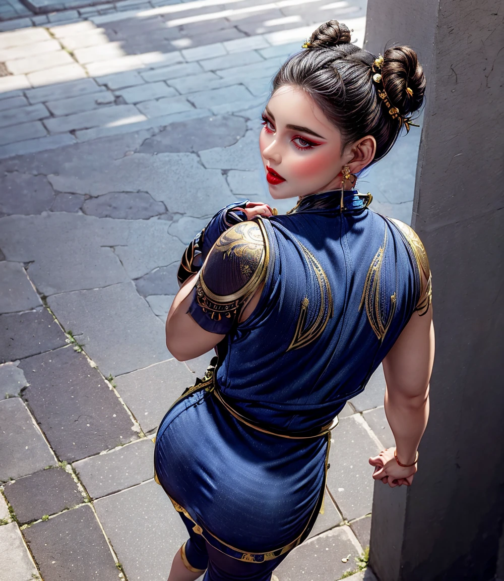 Chunli,Tight blue dress, Gold trim, Complex patterns, sleeveless, Reveal the back, Double bun head, earrings, Standing posture, Rear view, Outdoor urban environment, architecture, Narrow streets, Natural Lighting, Light from above, sombras bem definidas, Casual atmosphere, Front view, Deep Depth of Field, Balanced exposure of buttocks.